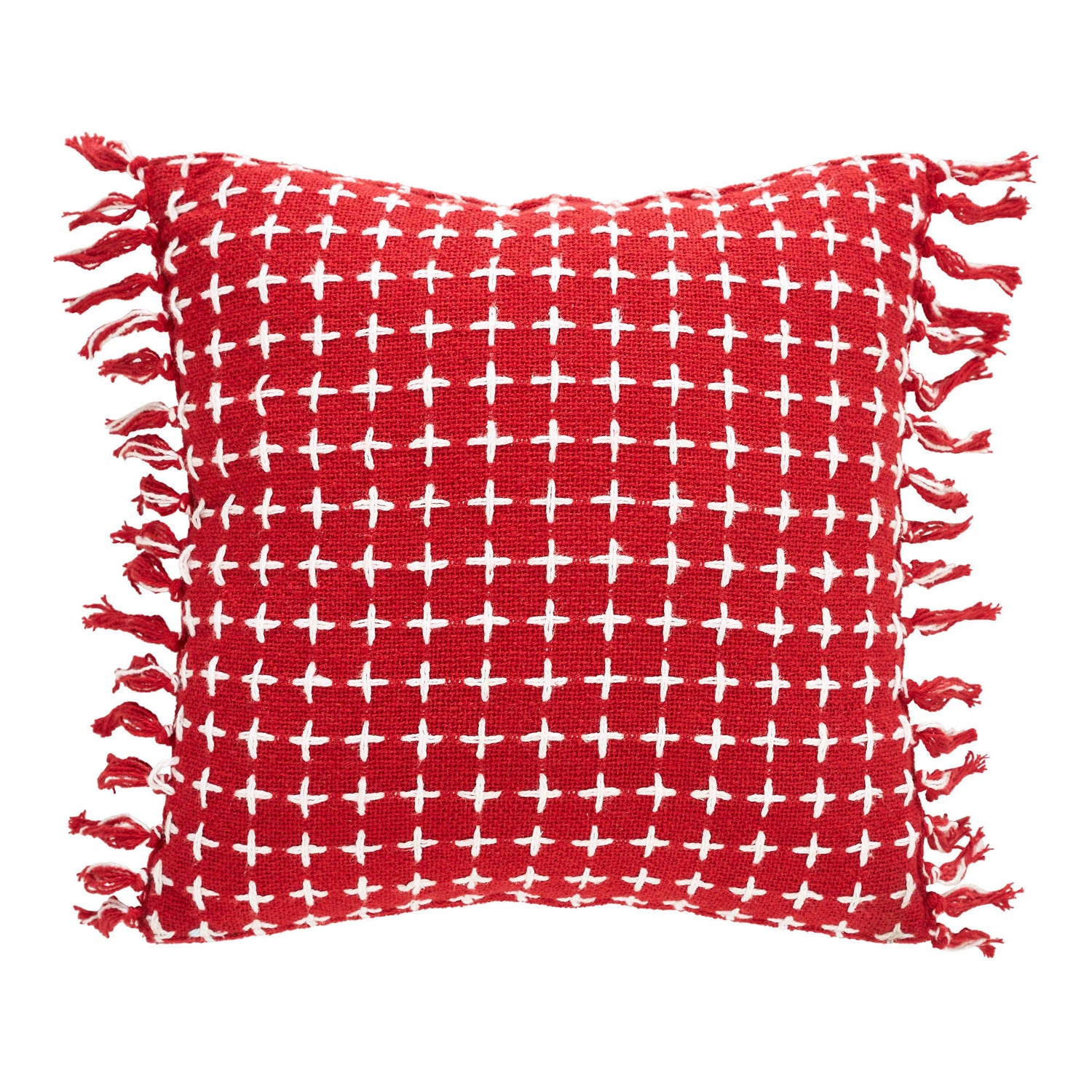 Holiday Pillow |  Boho Red White Pillow Fringed