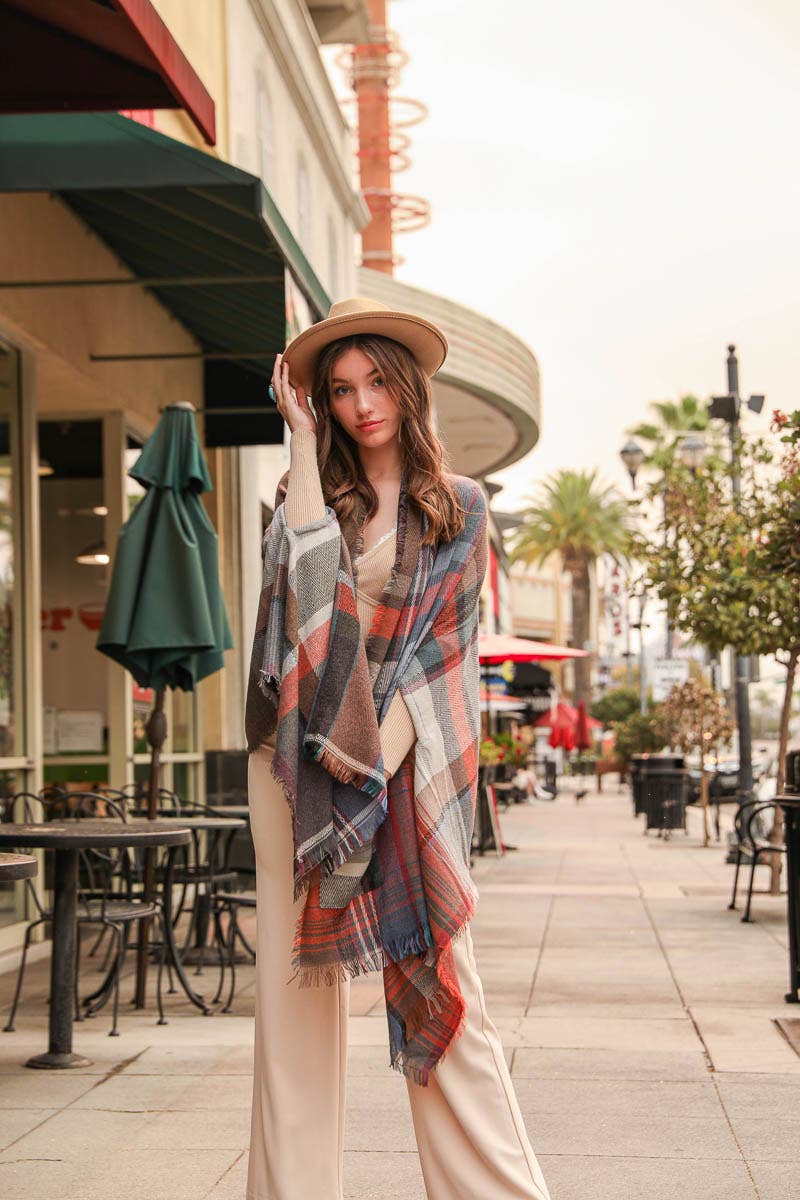 Wrap Ruana Shawl | Multicolor Plaid Pocket - Rust