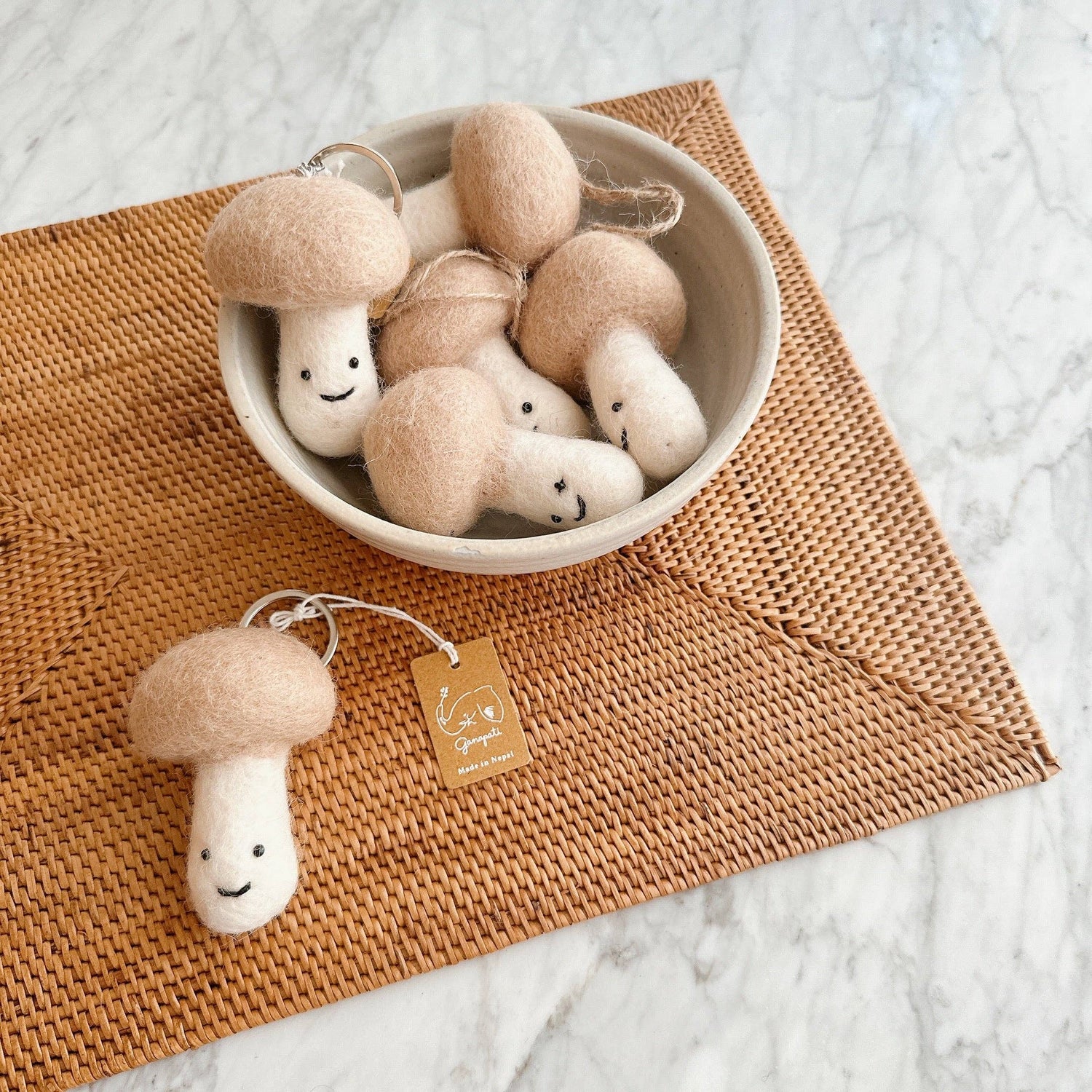 Felt Keychain - Smiley Beige Mushroom