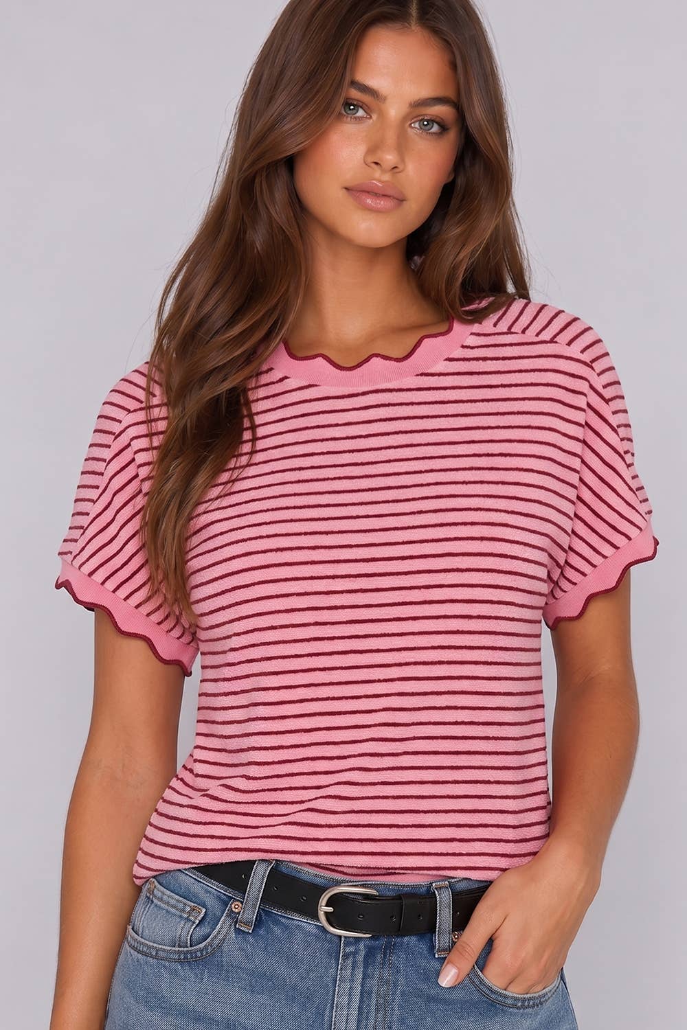 Women's Knit Top | Scallop Trim Stripe