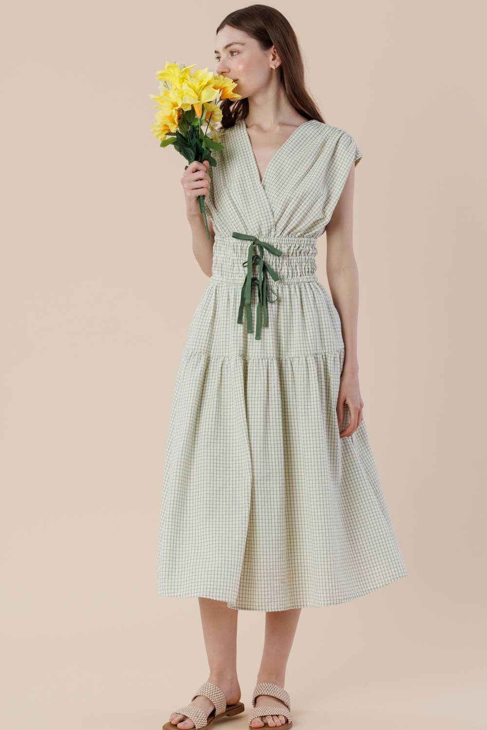 Midi Cotton Dress | Gingham Plaid Surpliced Front Bow Tie