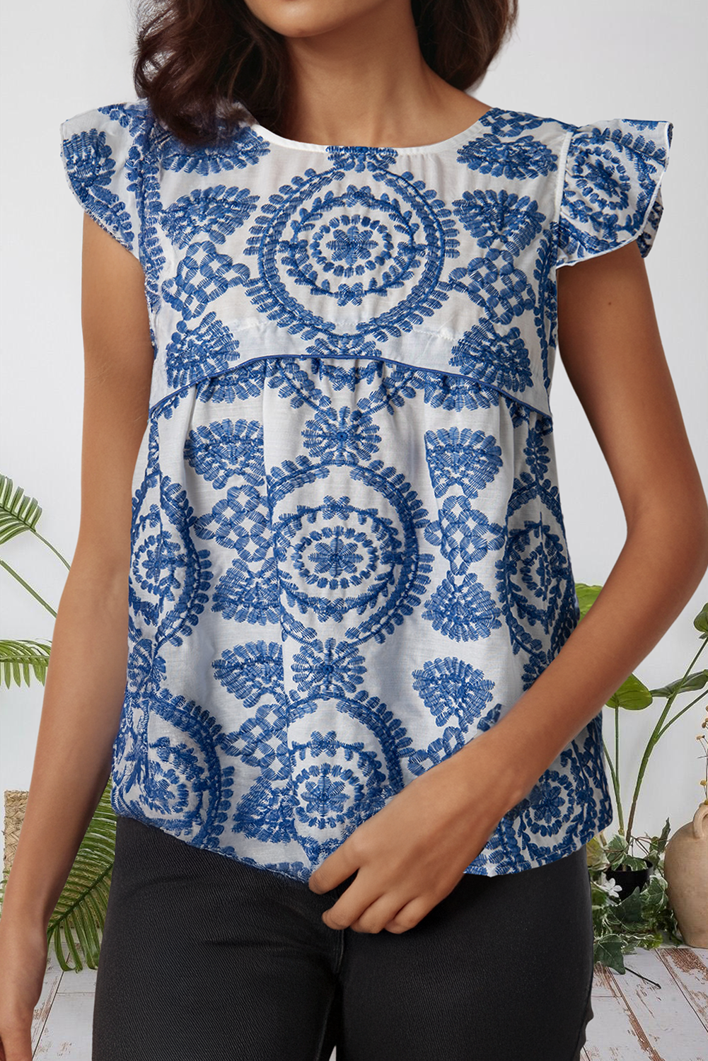 Blouse | Western Print Flutter Sleeve Crew Neck