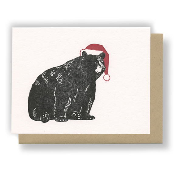 Letterpress Greeting Card | Bear with Santa Hat