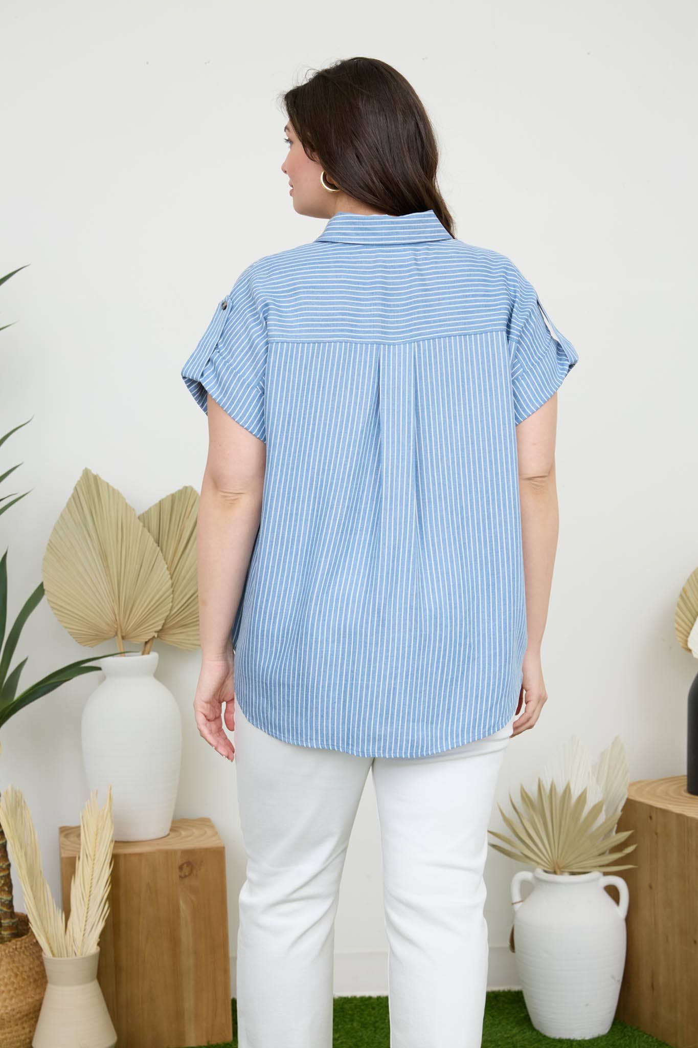 Curvy Button Down Top | Chambray Stripes