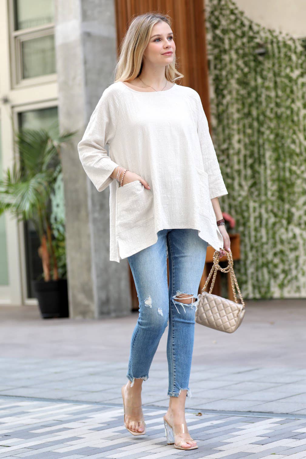 Gauze Two Pockets Top | High Low Hem