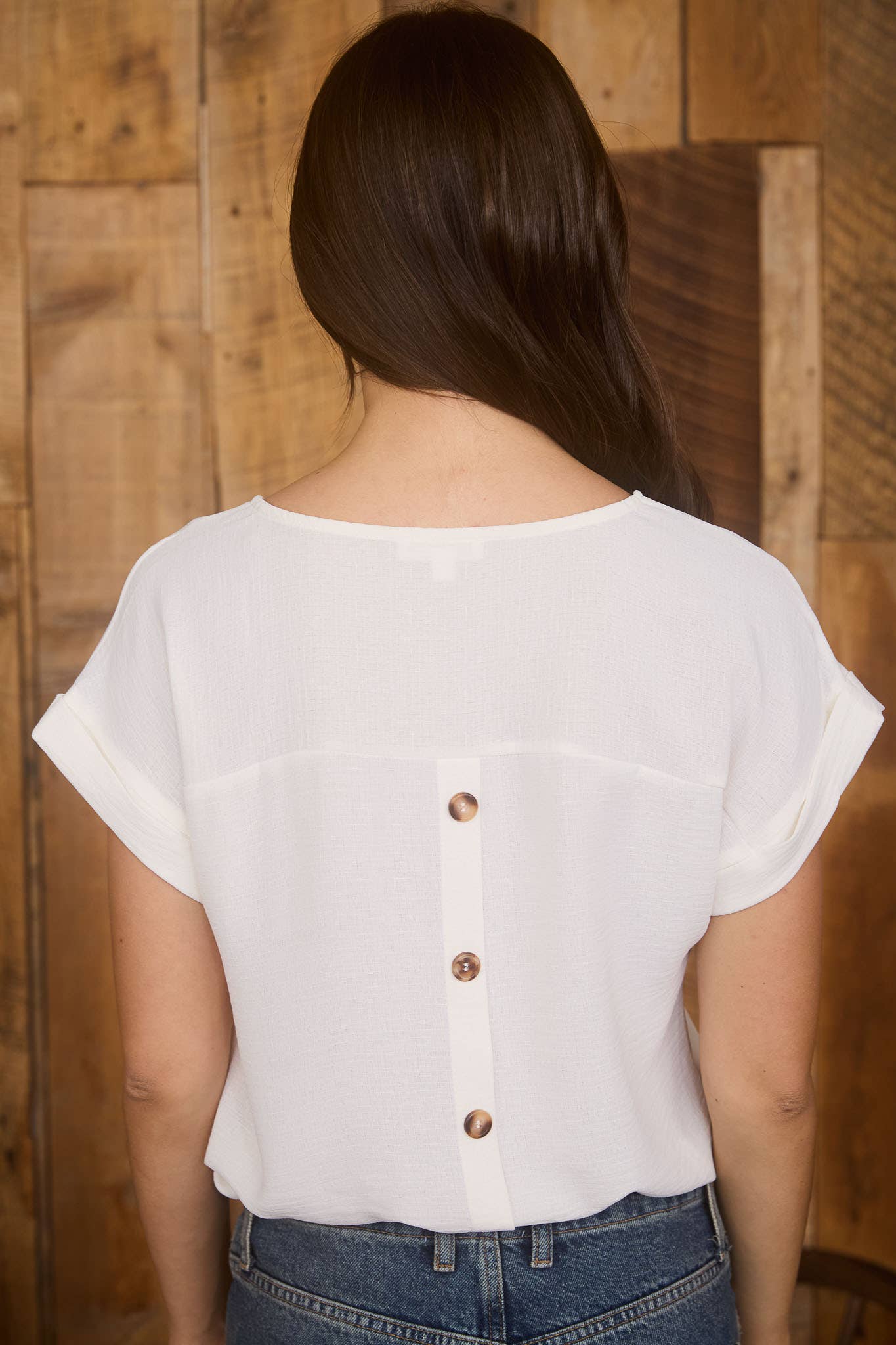 Women's Top | SPLIT NECK BACK BUTTON SHORT FOLD SLEEVE TOP | CREAM