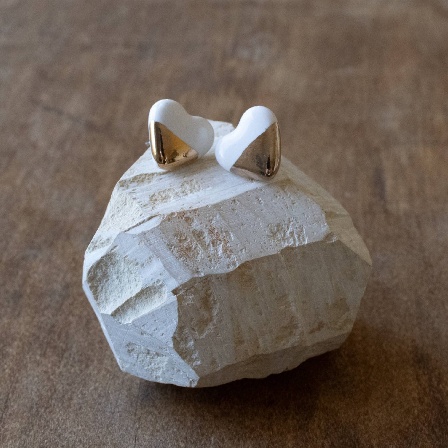 Ceramic Earrings | White and Gold Studs Small Hearts