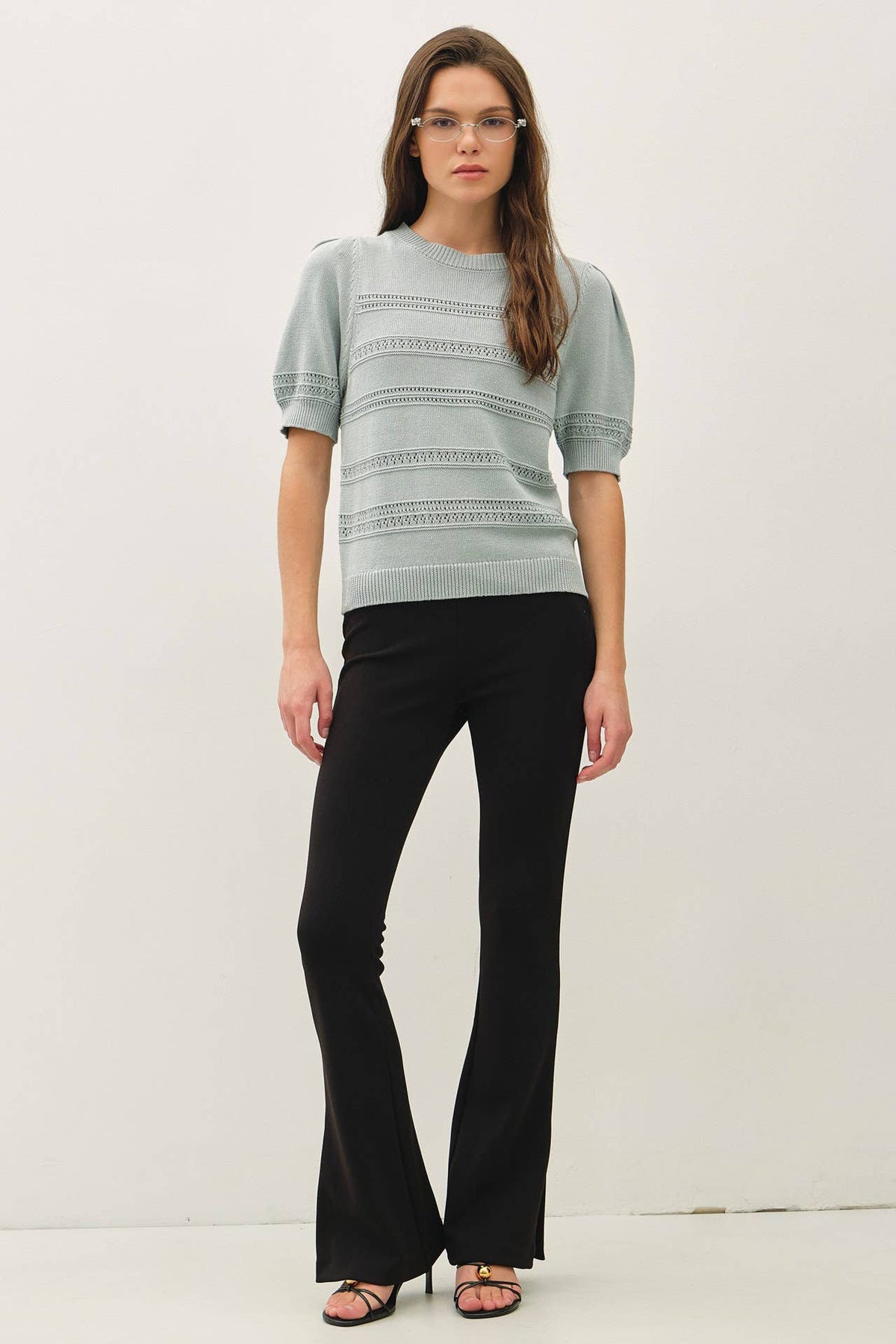 Women's Short Sleeve Sweater | Crochet Striped Puff Sleeve Sweater
