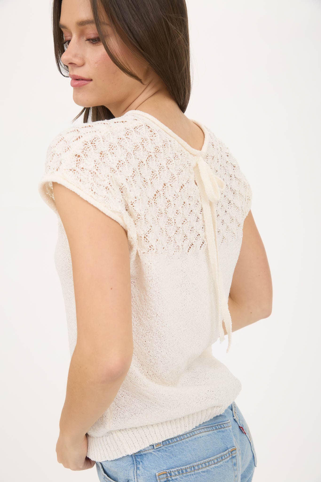 SWEATER TOP | EYELET YOKE KNIT IVORY