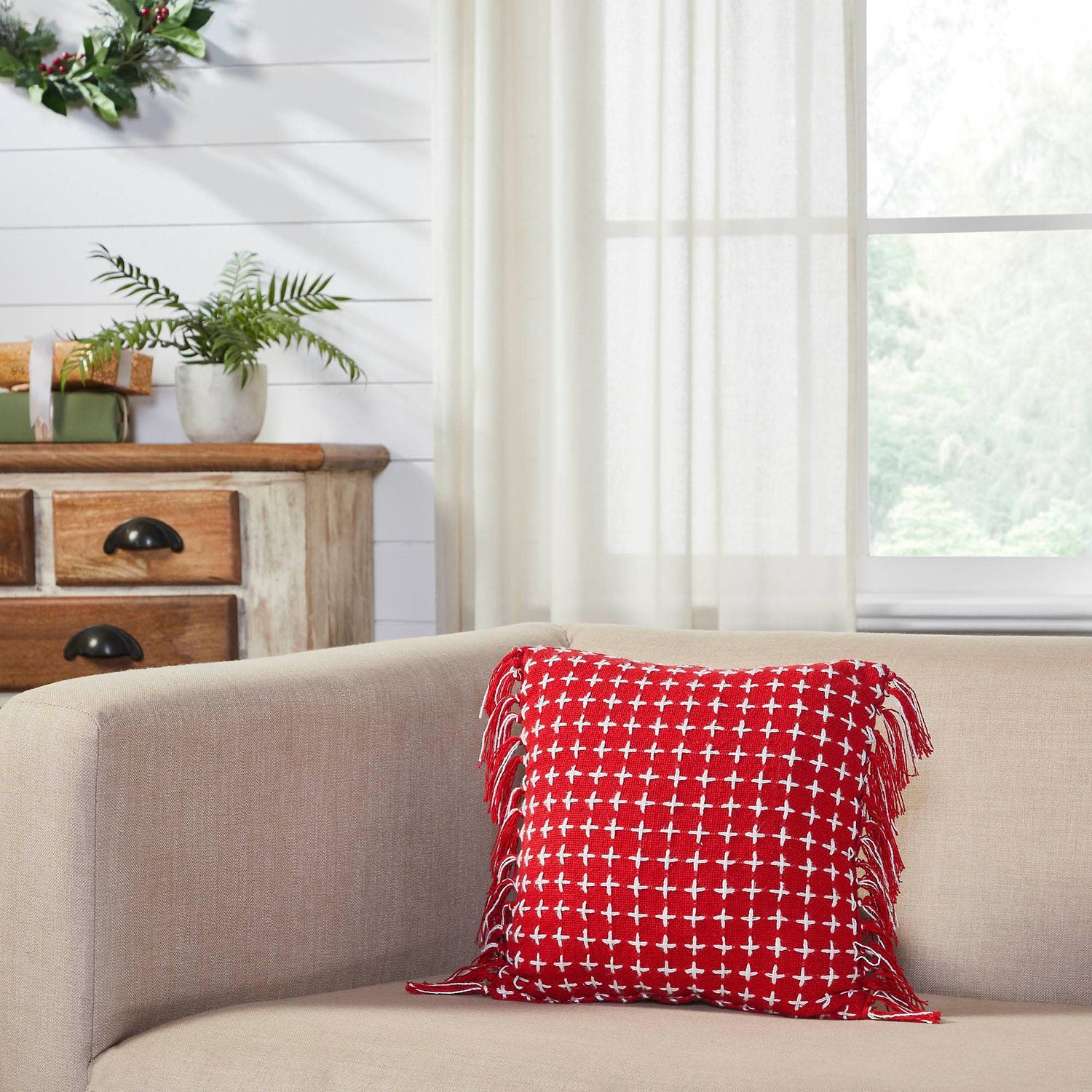 Holiday Pillow |  Boho Red White Pillow Fringed