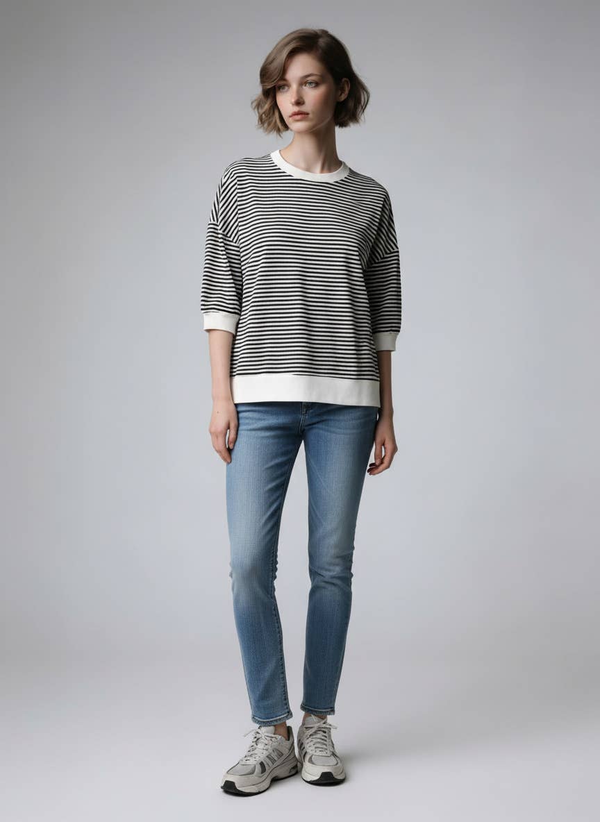 Top | Striped Contrast Trim Banded Bottom - Black/White