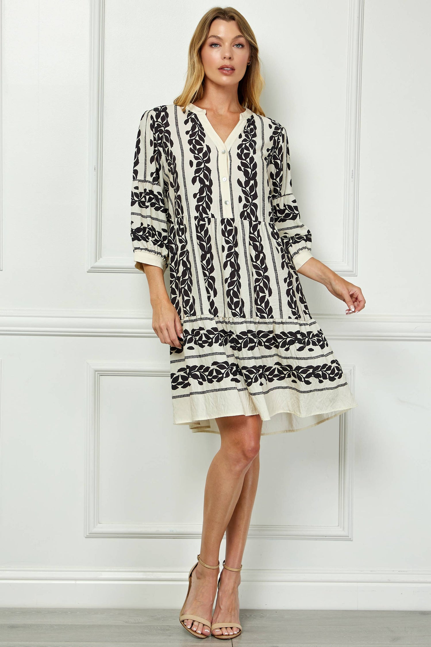 MIDI DRESS | LEAF PRINT AND COLLARED NECK