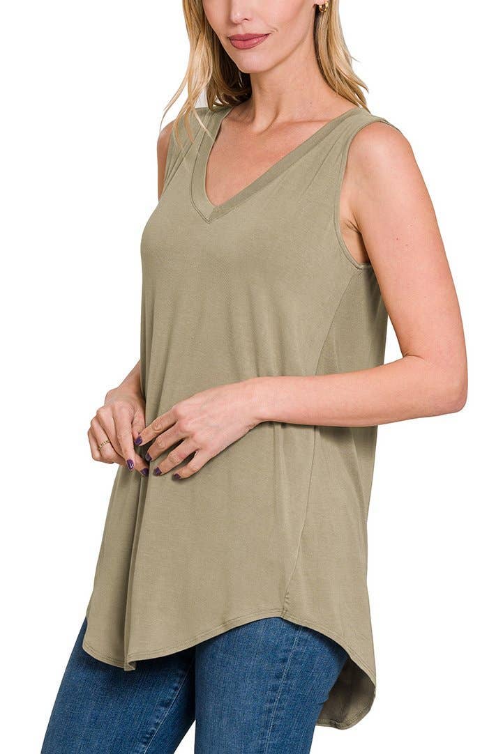 Rayon Sleeveless V-neck Hi-low Hem Top