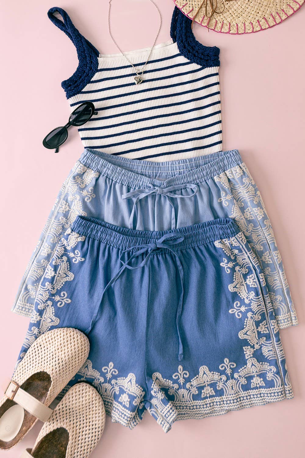 Chambray  Shorts | Washed Embroidered Shorts - Light Indigo