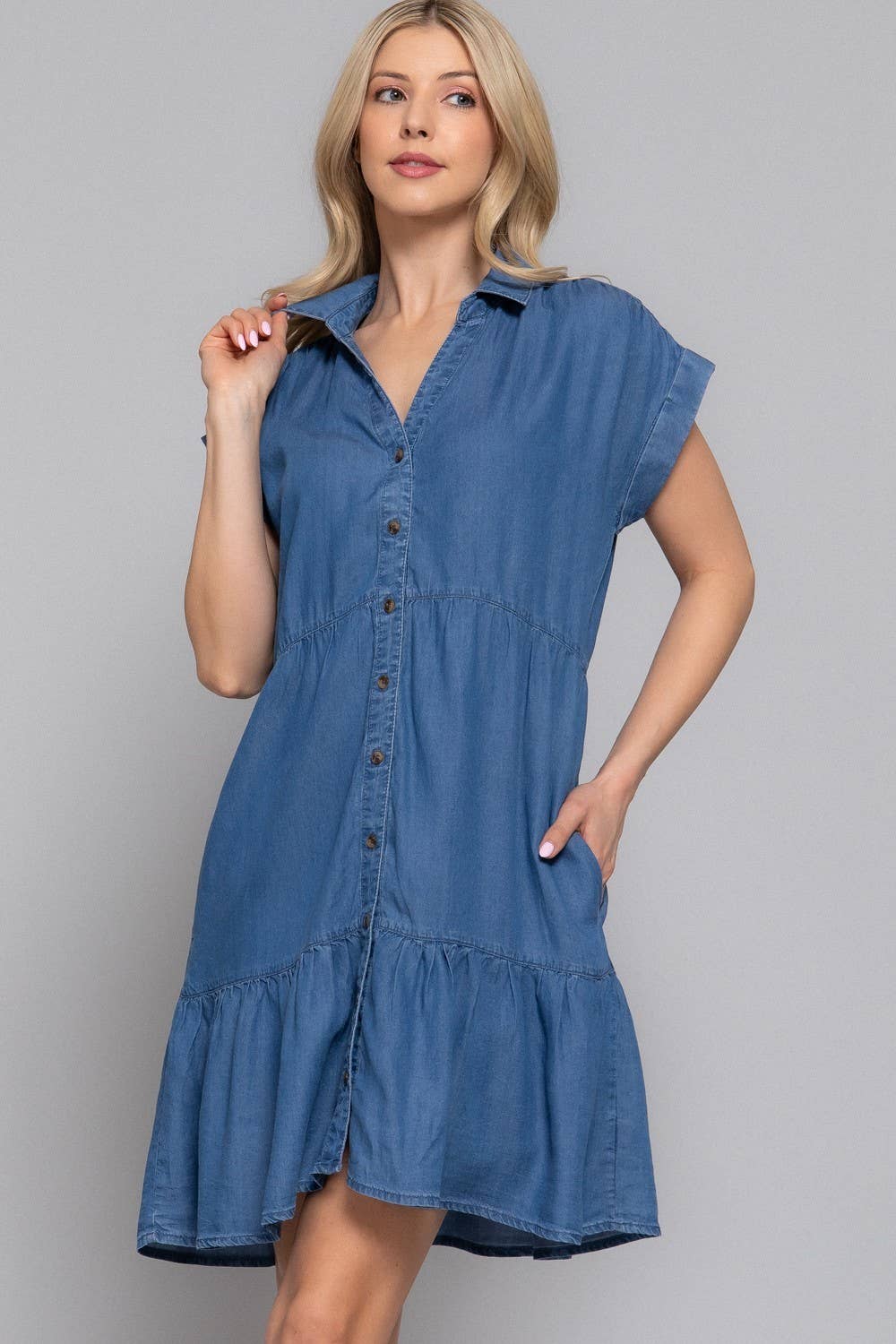 Denim Dress | Short Slv Ruffle Tencel Knee-Length Dress