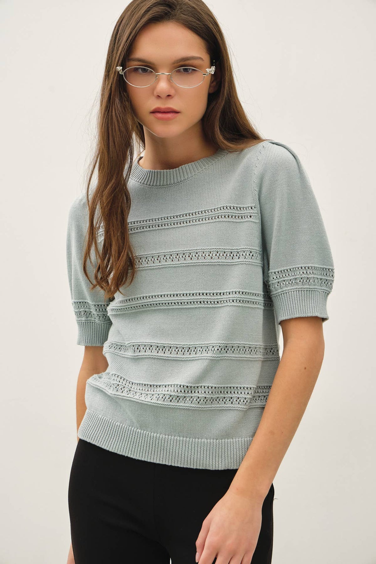 Women's Short Sleeve Sweater | Crochet Striped Puff Sleeve Sweater