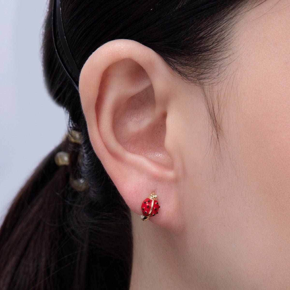 Huggie Earrings | 14K Gold Filled 12mm Ladybug Insect Enamel
