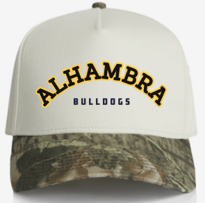 Alhambra Hat | Camo and Cream with Alhambra Bulldogs (right side up)