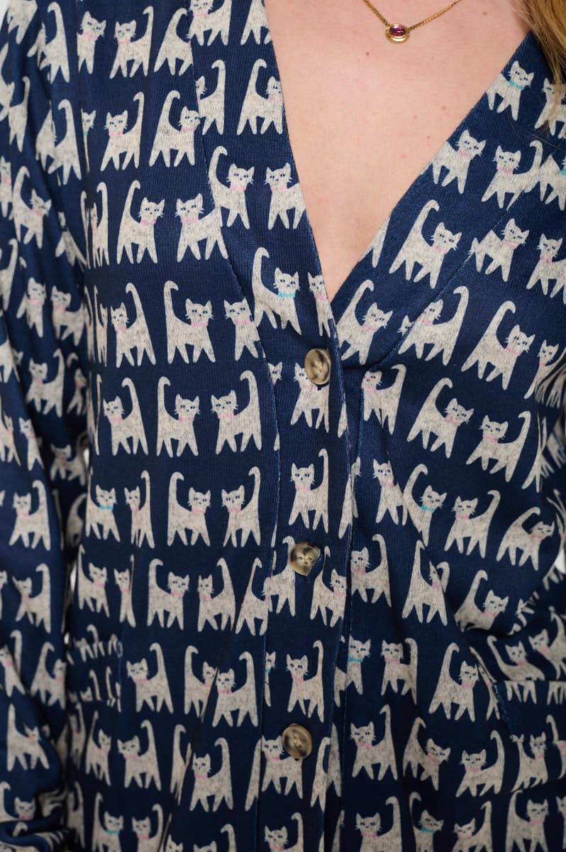 Women's Cardigan | CAT WITH BOW PRINT - NAVY