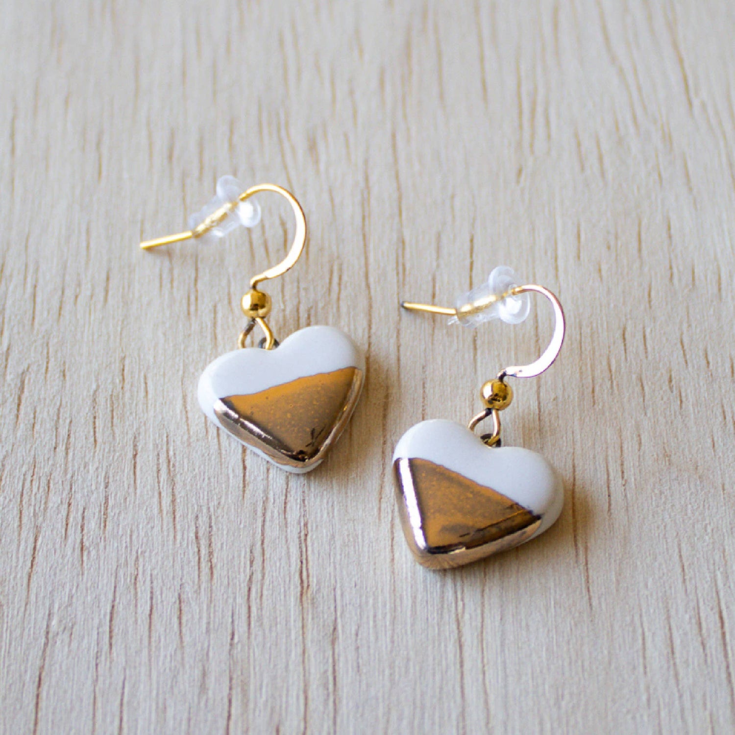 Ceramic Earrings | White and Gold Dangle Hook Small Hearts