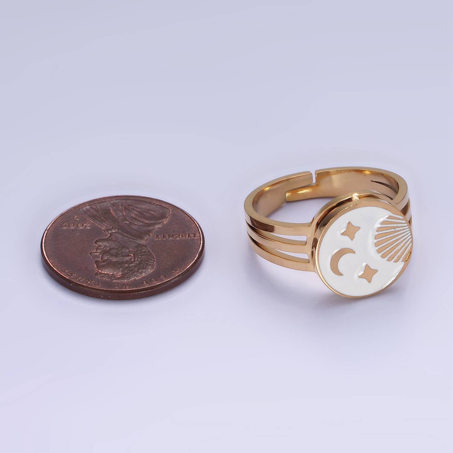 Stainless Steel White Celestial Sun Moon Stars Round Ring