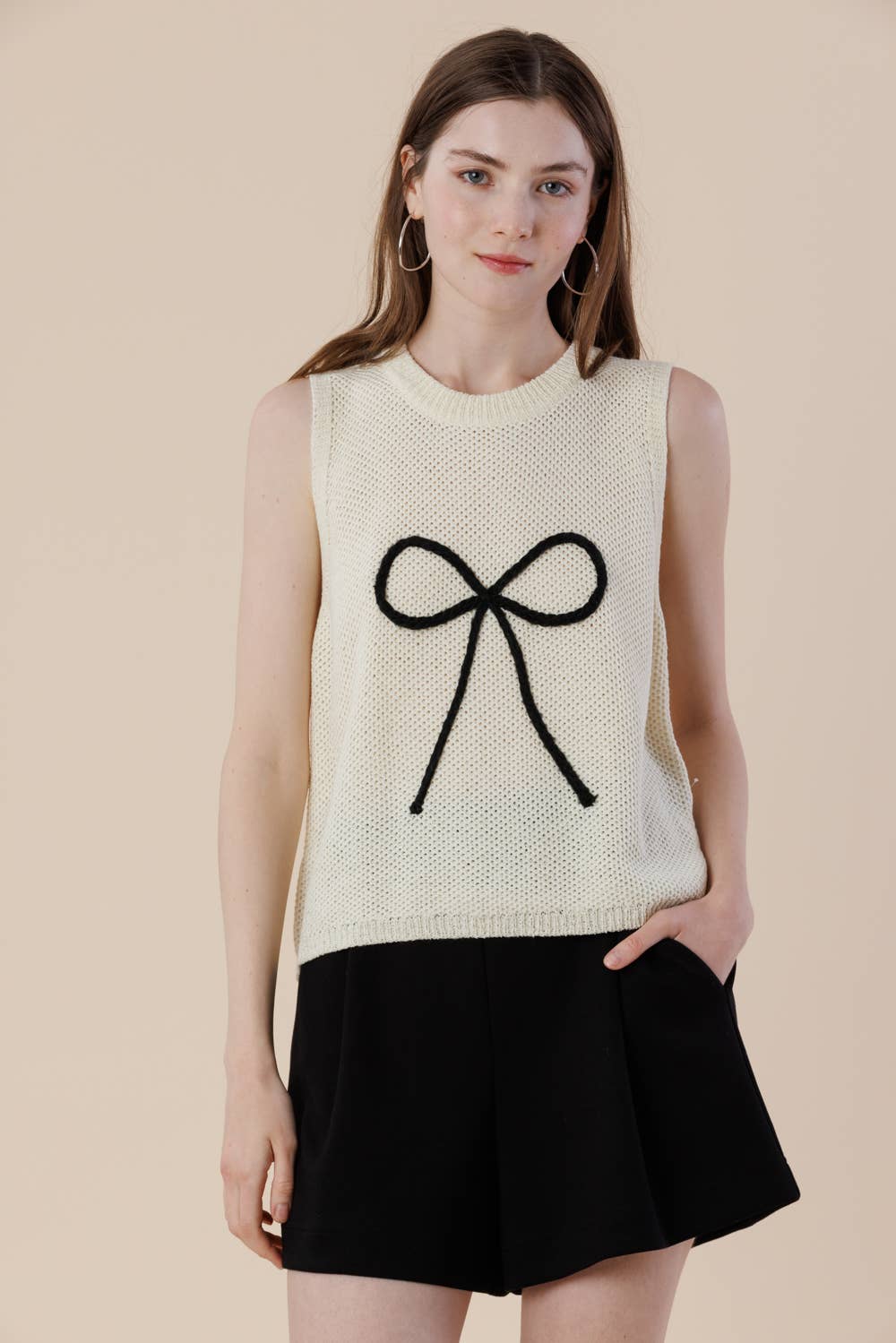 Women's Sleeveless Embroidered Sweater Tank | Ribbon Bow
