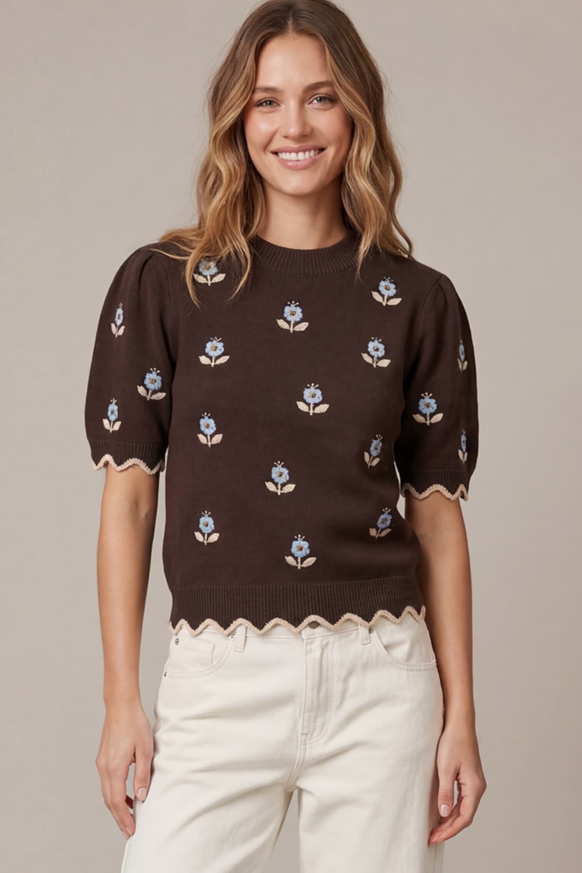 Women's Sweater | Half Sleeve Flower Embroidery Top