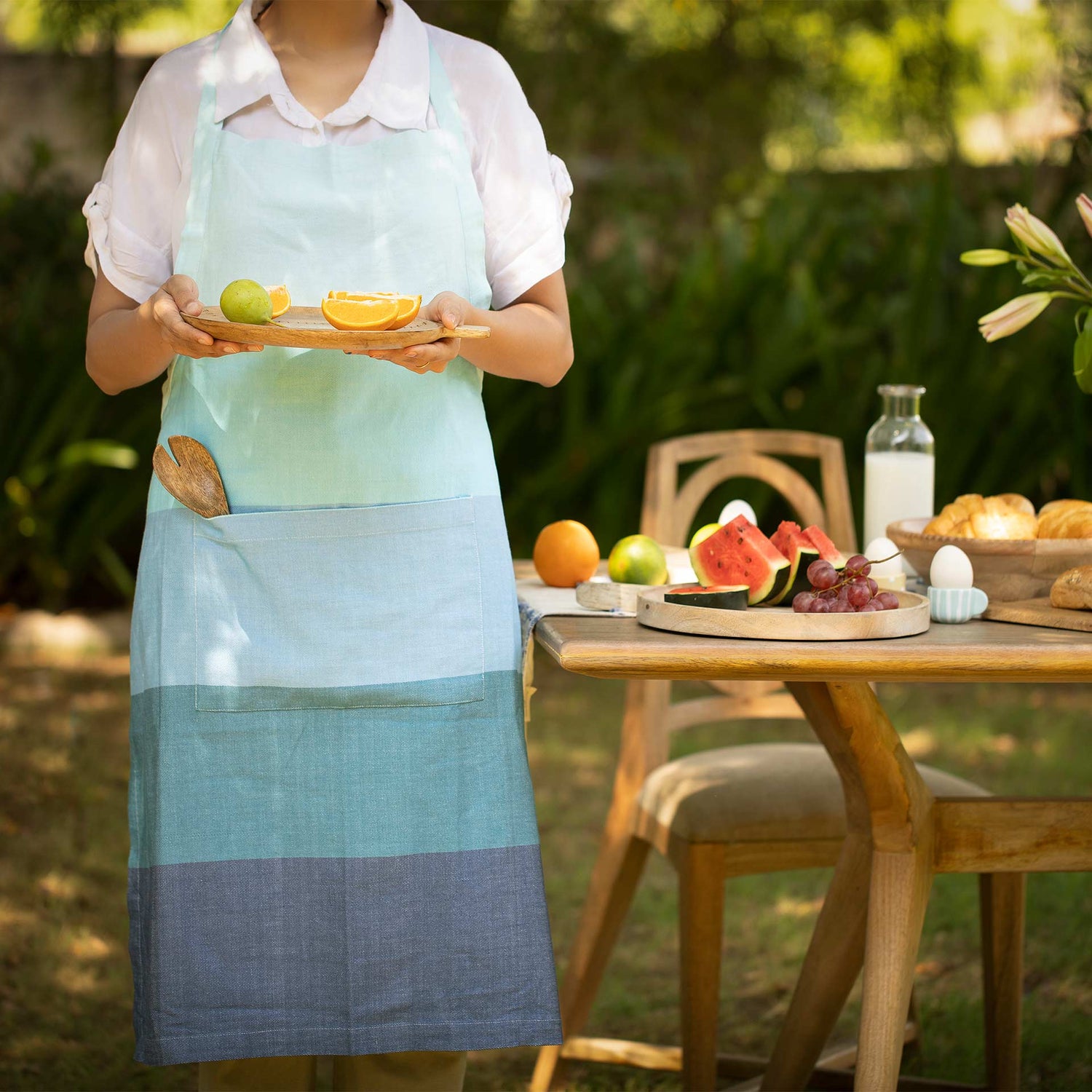 Kitchen Apron | Waffle Blue Cotton Ombre -35.8"(L)