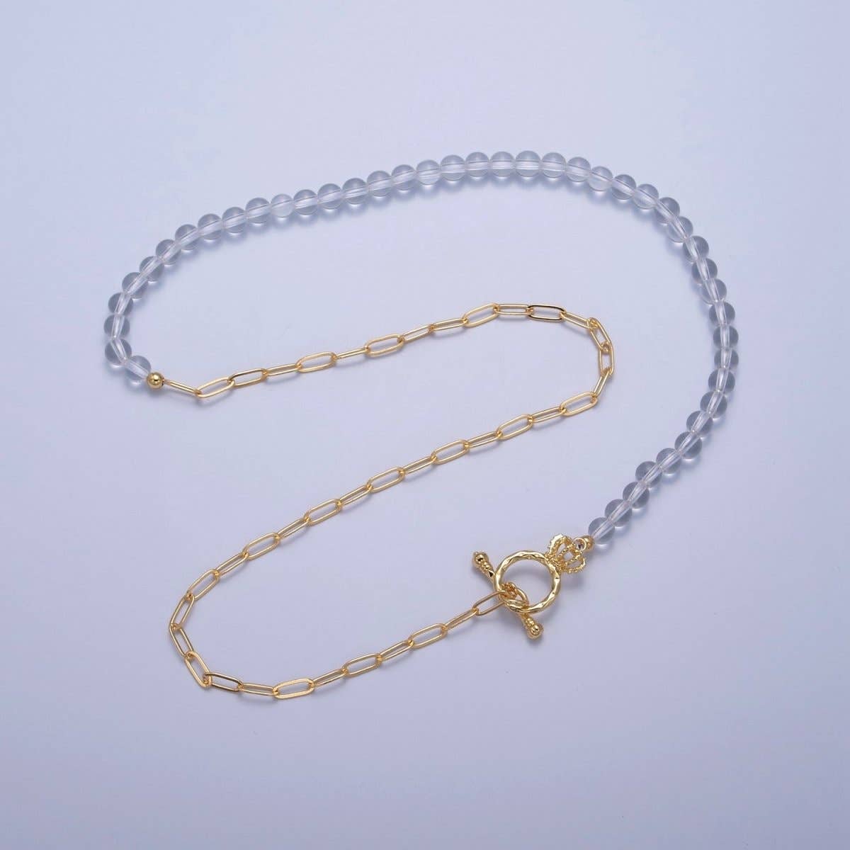 Handmade Necklace | Dainty Half Bead Half Link Chain Necklace, 24k Gold Filled Paperclip Chain with Clear Quartz Necklace Toggle Clasp