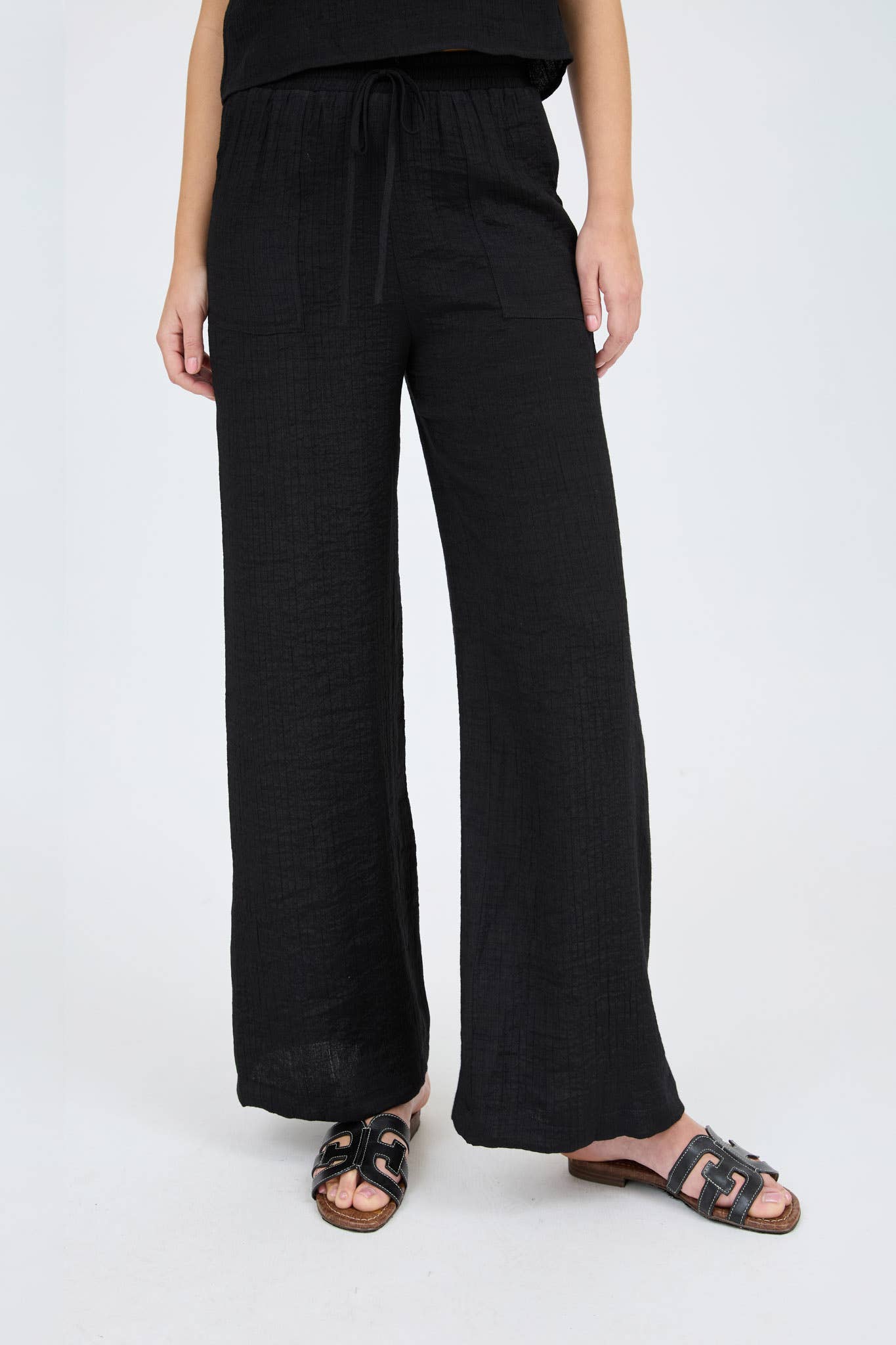 LOUNGE PANTS | BLACK HIGH WAIST DRAWSTRING WIDE LEG