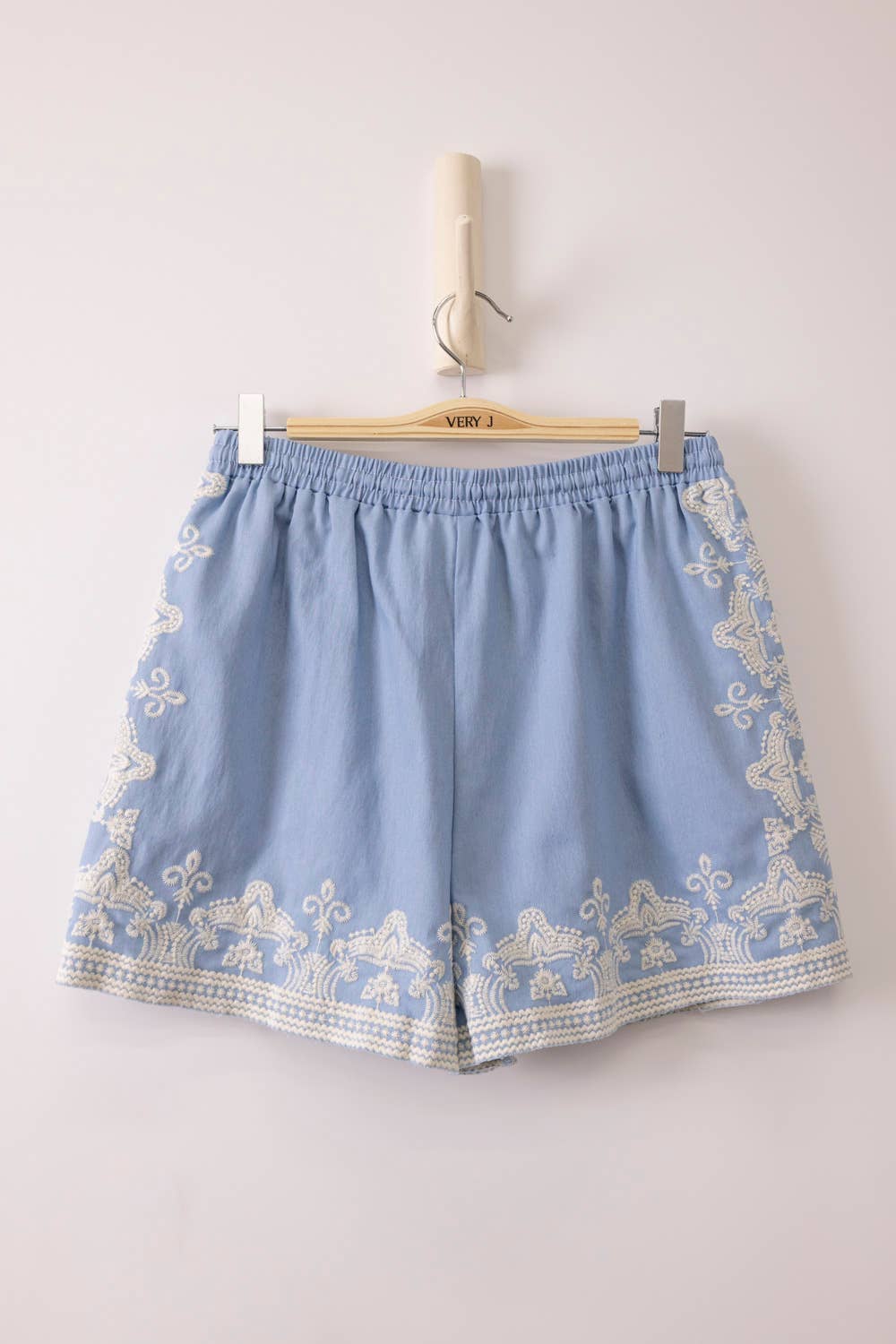 Chambray  Shorts | Washed Embroidered Shorts - Light Indigo