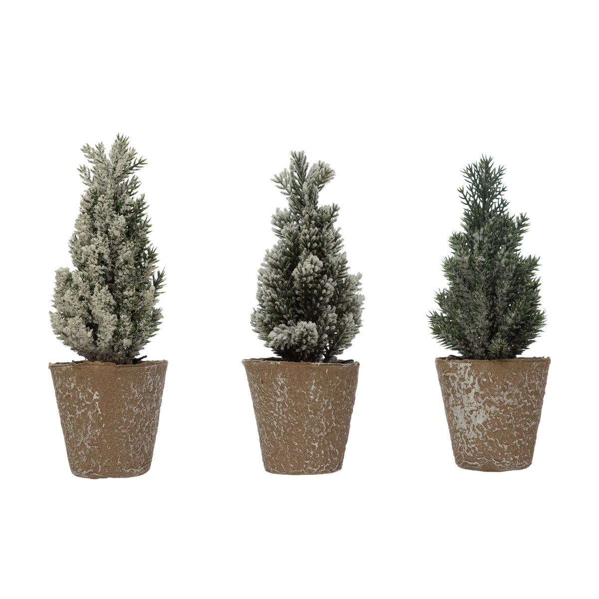 2-3/4" Round x 6-3/4"H Faux Pine Tree in Paper Pot, Ice Finish, 3 Styles