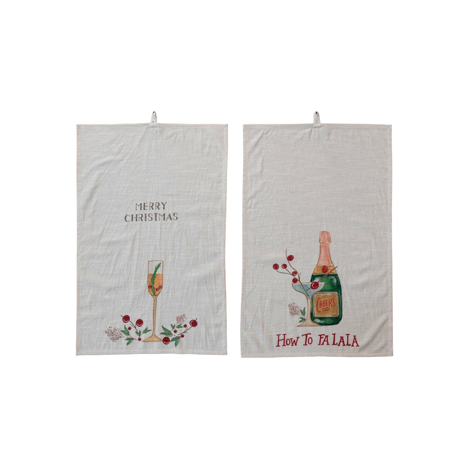 Cotton Slub Printed Tea Towel w/ Holiday Cocktail, Saying & Loop, 2 Styles ©