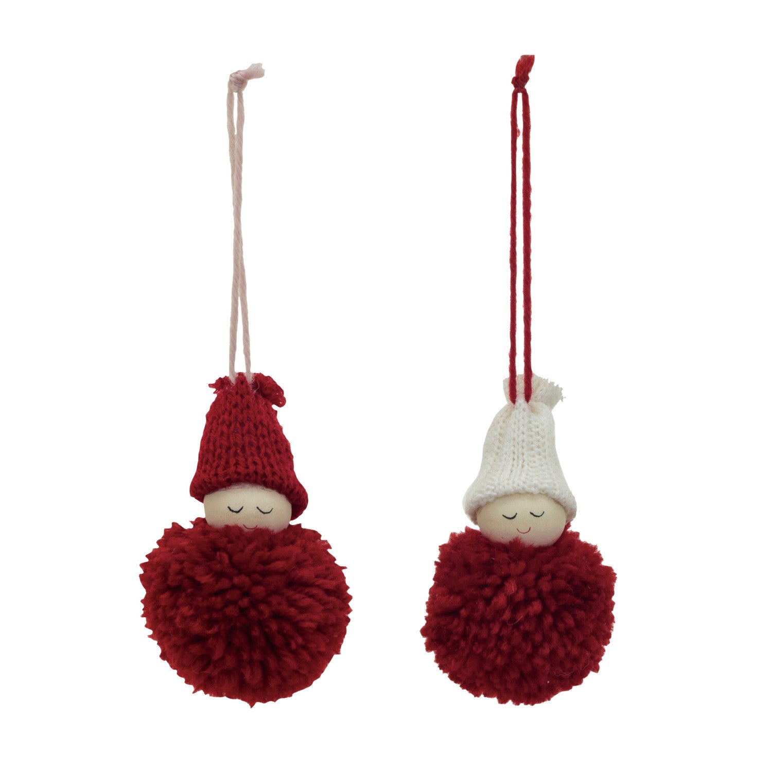 Fabric Pom Pom Person w/ Knit Hat Ornament, 2 Colors